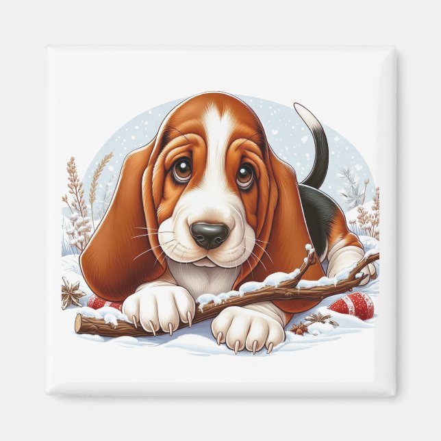 Basset Hound Puppy i Snowy Winter Scene Magnet (Framsidan)