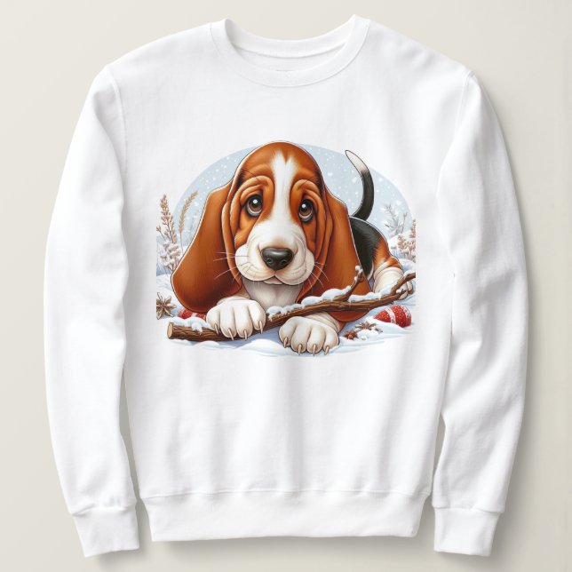 Basset Hound Puppy i Snowy Winter Scene T Shirt (Design framsida)