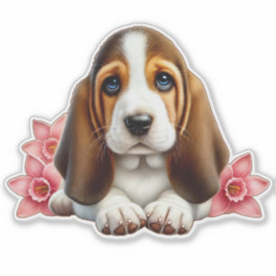 Basset Hound Puppy med blommor Klistermärken