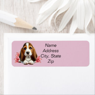 Basset Hound Puppy med blommor Returadress Etikett