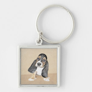 Basset Hound Puppy Painting - Original Hund Art Fyrkantig Silverfärgad Nyckelring