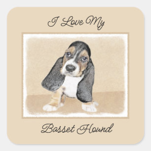 Basset Hound Puppy Painting - Original Hund Art Fyrkantigt Klistermärke