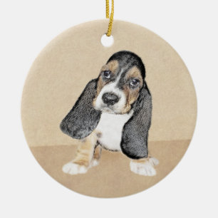 Basset Hound Puppy Painting - Original Hund Art Julgransprydnad Keramik