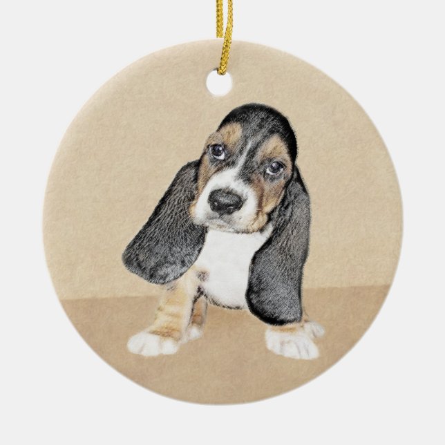 Basset Hound Puppy Painting - Original Hund Art Julgransprydnad Keramik (Framsidan)