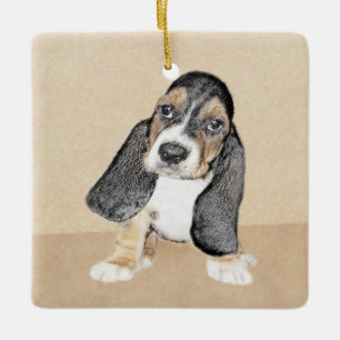 Basset Hound Puppy Painting - Original Hund Art Julgransprydnad Keramik