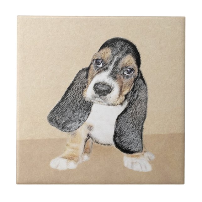 Basset Hound Puppy Painting - Original Hund Art Kakelplatta (Framsidan)