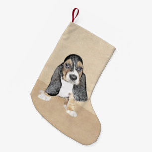 Basset Hound Puppy Painting - Original Hund Art Liten Julstrumpa