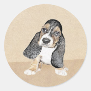 Basset Hound Puppy Painting - Original Hund Art Runt Klistermärke