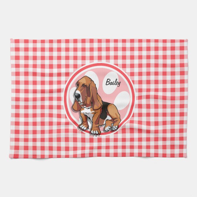 Basset Hound; Red and White Gingham Kökshandduk (Horisontell)