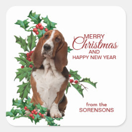 Basset Hound Red Berry Holly jul Fyrkantigt Klistermärke