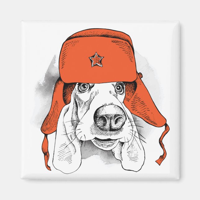 Basset Hound | Red Ushanka Hat Magnet (Framsidan)