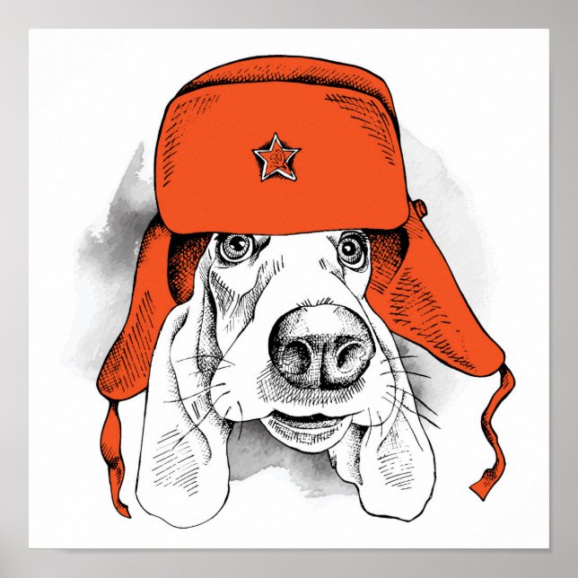 Basset Hound | Red Ushanka Hat Poster (Framsidan)