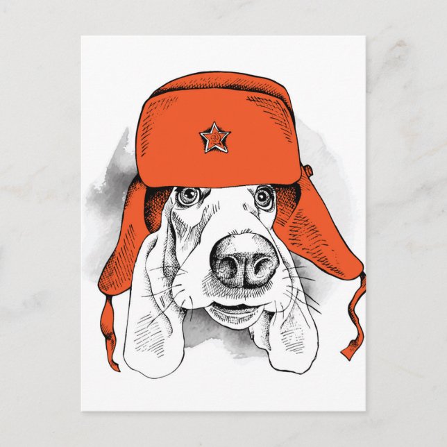 Basset Hound | Red Ushanka Hat Vykort (Framsida)