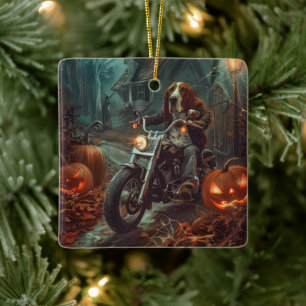 Basset Hound Riding Motorcycle Halloween Scary Julgransprydnad Keramik