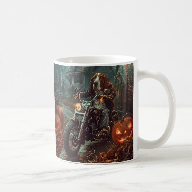 Basset Hound Riding Motorcycle Halloween Scary Kaffemugg (Höger)