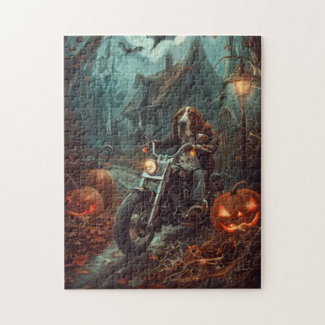 Basset Hound Riding Motorcycle Halloween Scary Pussel (Vertikal)