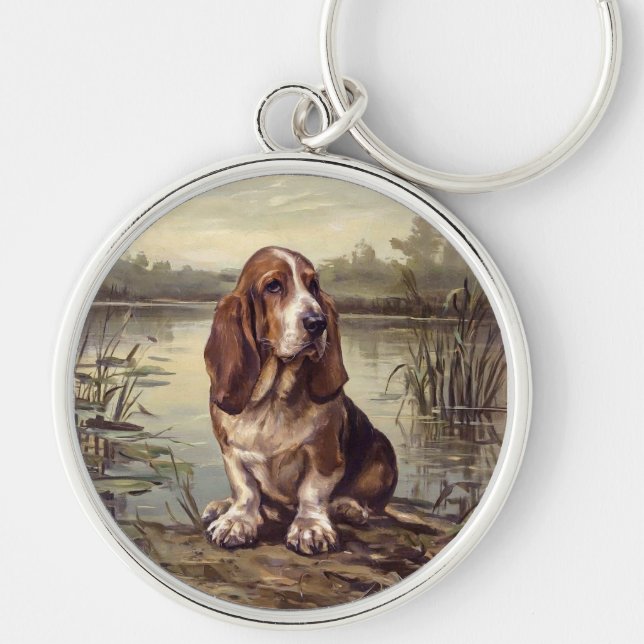 Basset Hound Rund Silverfärgad Nyckelring (Framsidan)