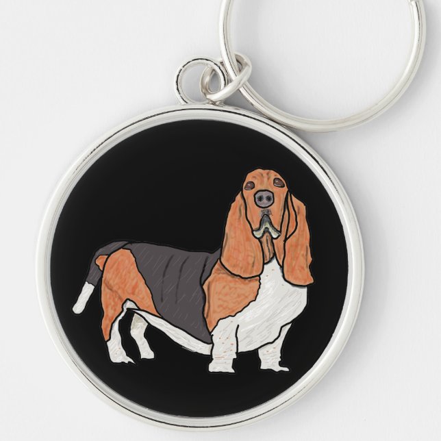 Basset Hound Rund Silverfärgad Nyckelring (Framsidan)