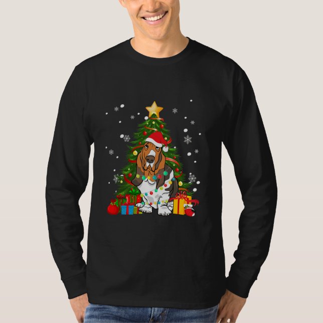 Basset Hound Santa Christmas Tree Light Pajama T Shirt (Framsida)