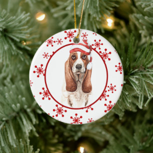 Basset Hound Santa Hat Red Snowflake Julgransprydnad Keramik