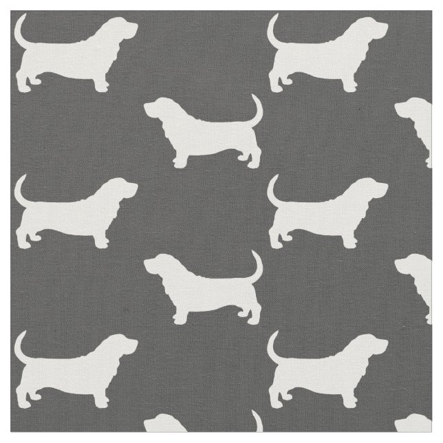 Basset Hound Silhouettes Grått och White Patterned Tyg (Närbild)