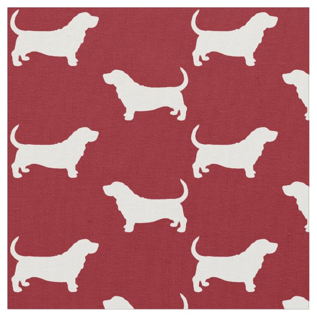 Basset Hound Siluetter Rött och Vitt Mönster Tyg (Närbild)