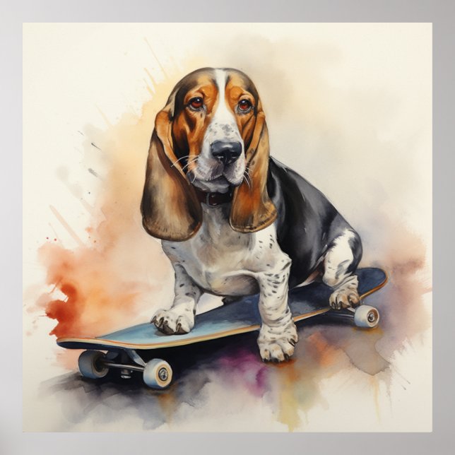 Basset Hound sitta på skateboard Poster (Framsidan)