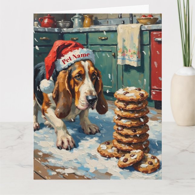 Basset Hound Sniffing Christmas Cookie Trail Hat Kort (Framsida)