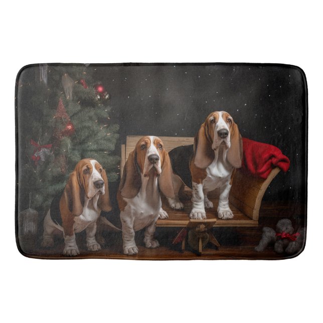 Basset Hound Snowy Sleigh-juldekretet Badrumsmatta (Framsidan)