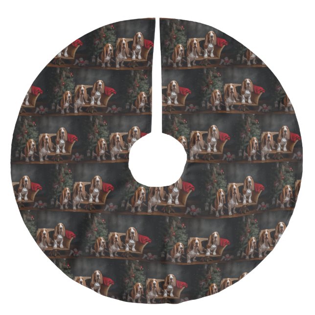 Basset Hound Snowy Sleigh-juldekretet Julgransmatta Borstad Polyester (Framsidan)