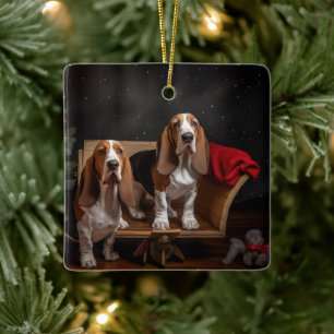 Basset Hound Snowy Sleigh-juldekretet Julgransprydnad Keramik