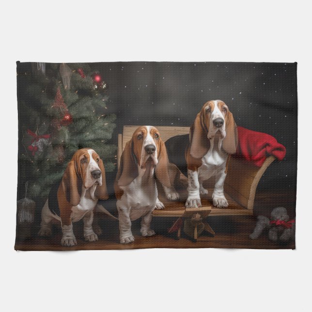 Basset Hound Snowy Sleigh-juldekretet Kökshandduk (Horisontell)