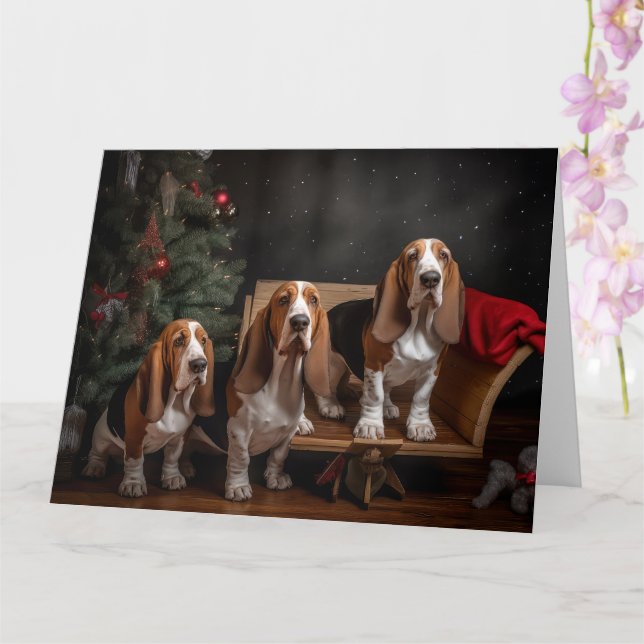 Basset Hound Snowy Sleigh-juldekretet Kort (Orkide)