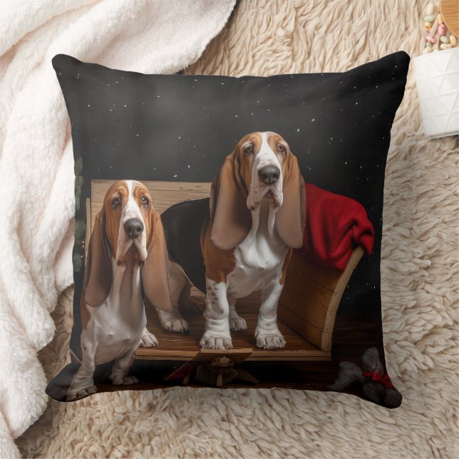 Basset Hound Snowy Sleigh-juldekretet Kudde (Filt)