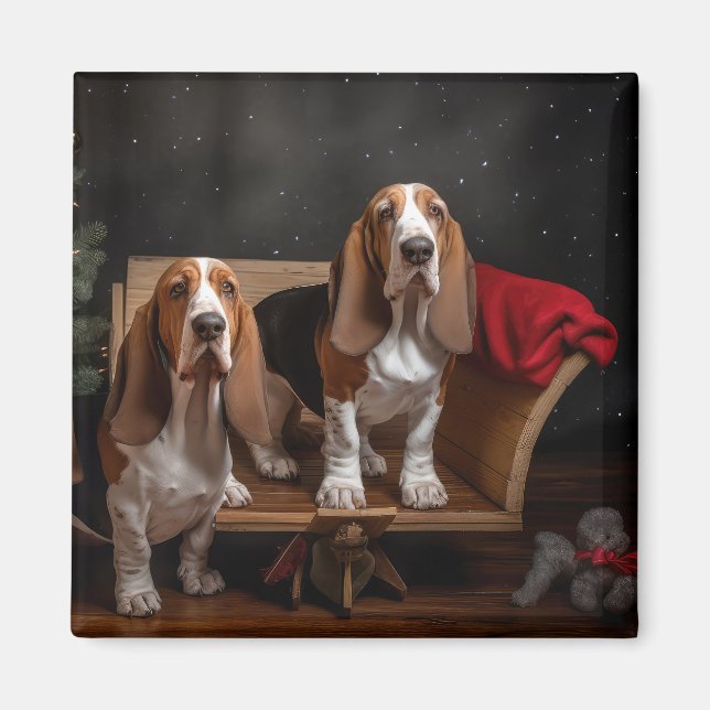 Basset Hound Snowy Sleigh-juldekretet Magnet (Framsidan)