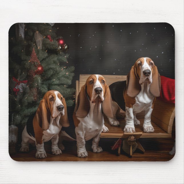 Basset Hound Snowy Sleigh-juldekretet Musmatta (Framsidan)