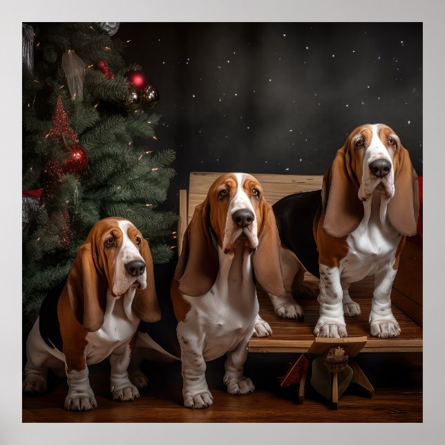 Basset Hound Snowy Sleigh-juldekretet Poster (Framsidan)