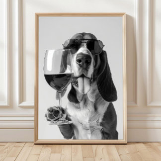 Basset Hound som håller i vin Väggkonst, Svart och Poster