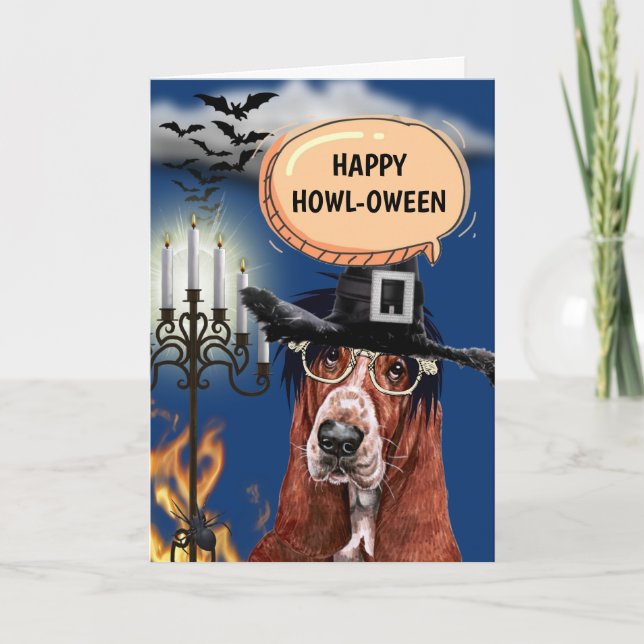 Basset Hound Söt hund häxa lycklig howloween Kort (Framsida)