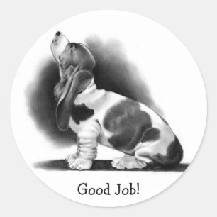BASSET HOUND STICKER: Bra jobb! PENCIL ART Runt Klistermärke