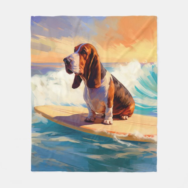 Basset Hound Strand Surfing Målning Fleecefilt (Framsidan)