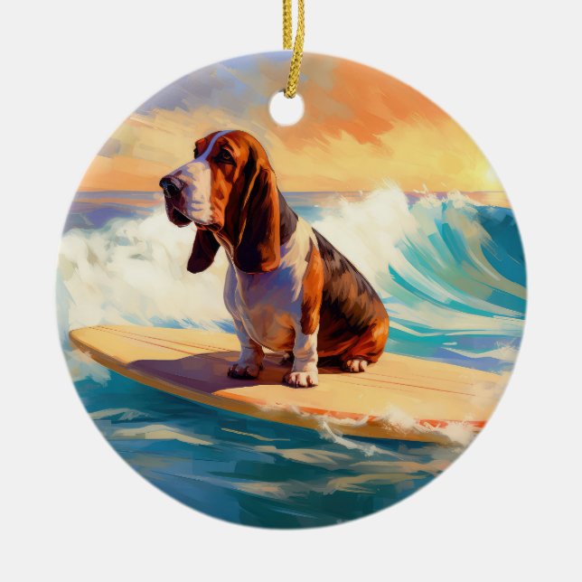 Basset Hound Strand Surfing Målning Julgransprydnad Keramik (Framsidan)