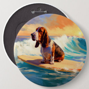 Basset Hound Strand Surfing Målning Knapp