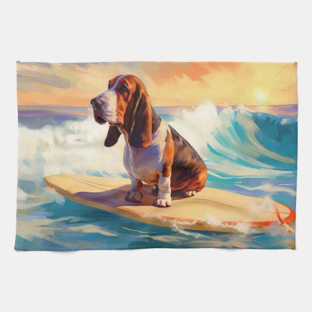 Basset Hound Strand Surfing Målning Kökshandduk (Horisontell)