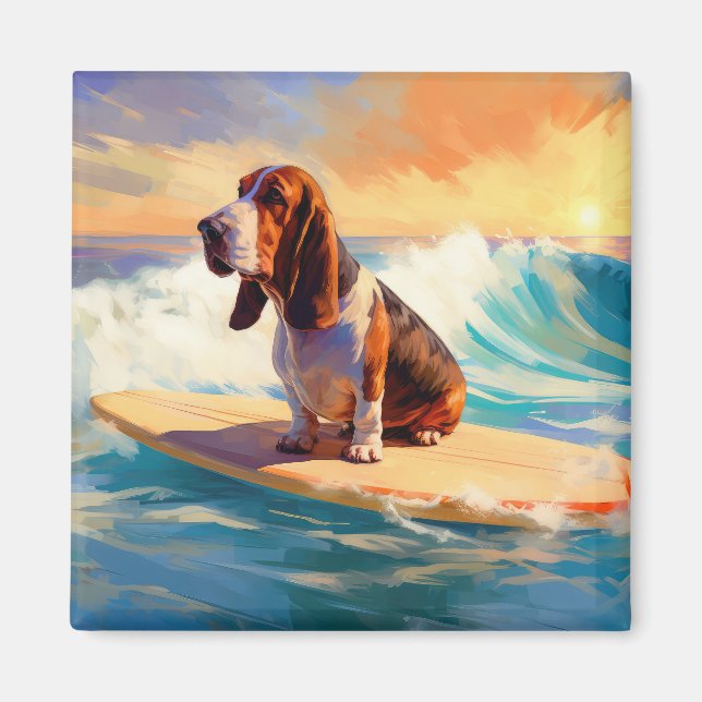 Basset Hound Strand Surfing Målning Magnet (Framsidan)