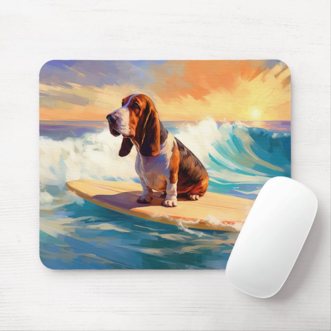 Basset Hound Strand Surfing Målning Musmatta (Med mus)