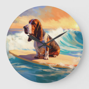 Basset Hound Strand Surfing Målning Stor Klocka