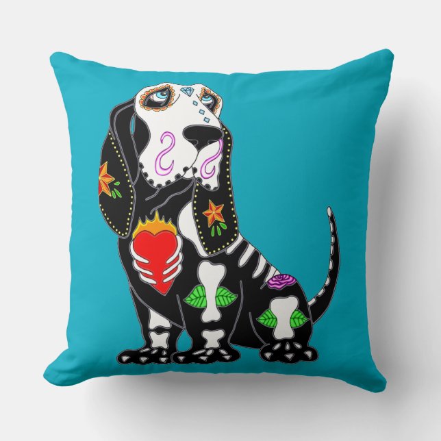 Basset Hound Sugar Skull Kudde (Framsida)