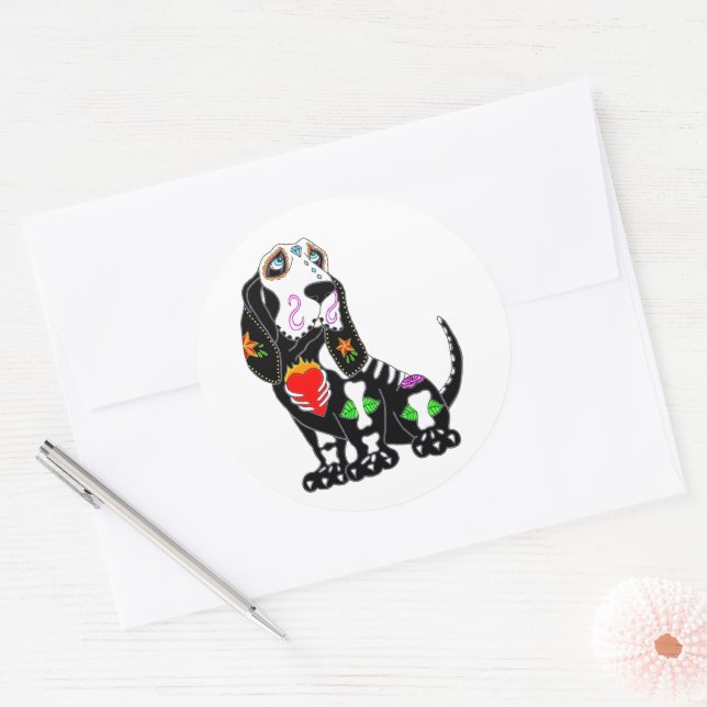 Basset Hound Sugar Skull Runt Klistermärke (Kuvert)