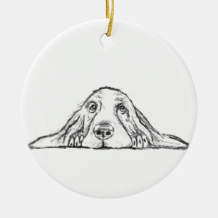basset hound svart vit enkel valp hund ögon julgransprydnad keramik